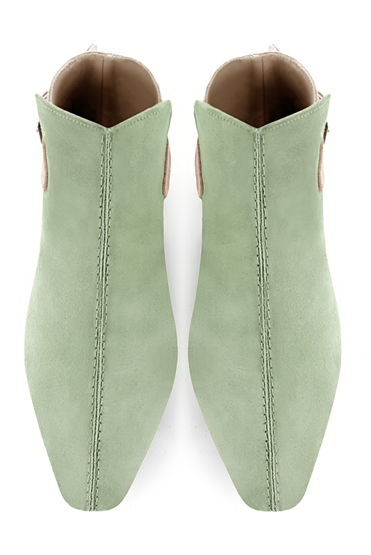 Women's mint green, gold and biscuit beige elegant ankle boots, with buckles at the back. Square toe. Flat flare heels - Top view